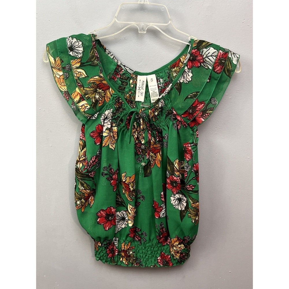 Midnight Sky Blouse Womens S Green Floral Ruffle Sleeve Smocked Boho Top